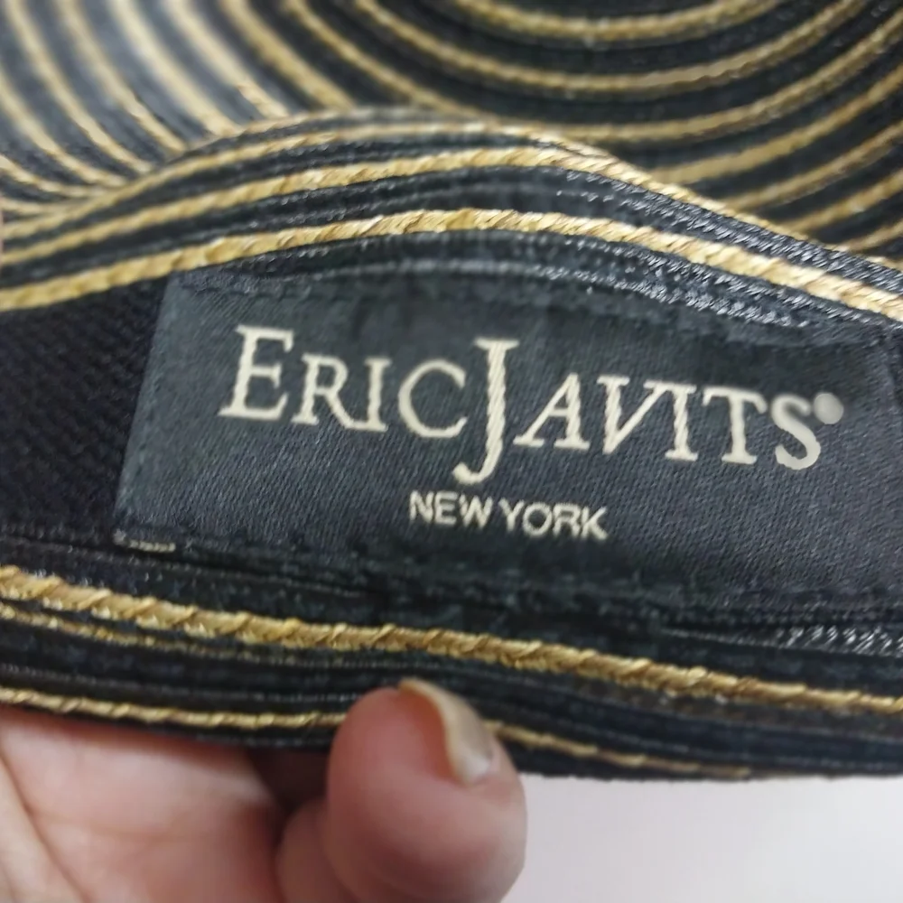 Eric Javits Navy and Natural Straw Hat with Gold Logo Button - Picture 8 of 8